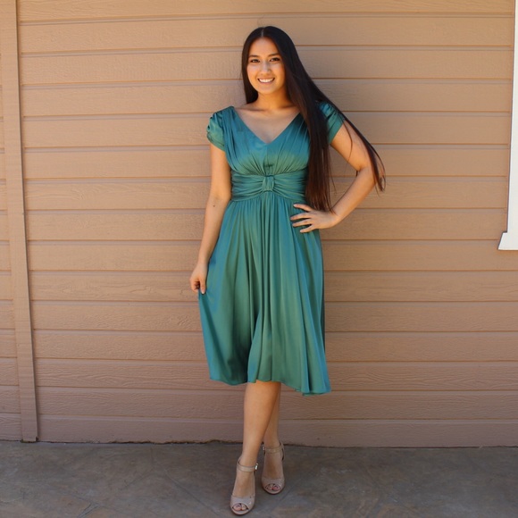 Dresses & Skirts - Teal Empire Waist Formal Midi Formal Silk Dress